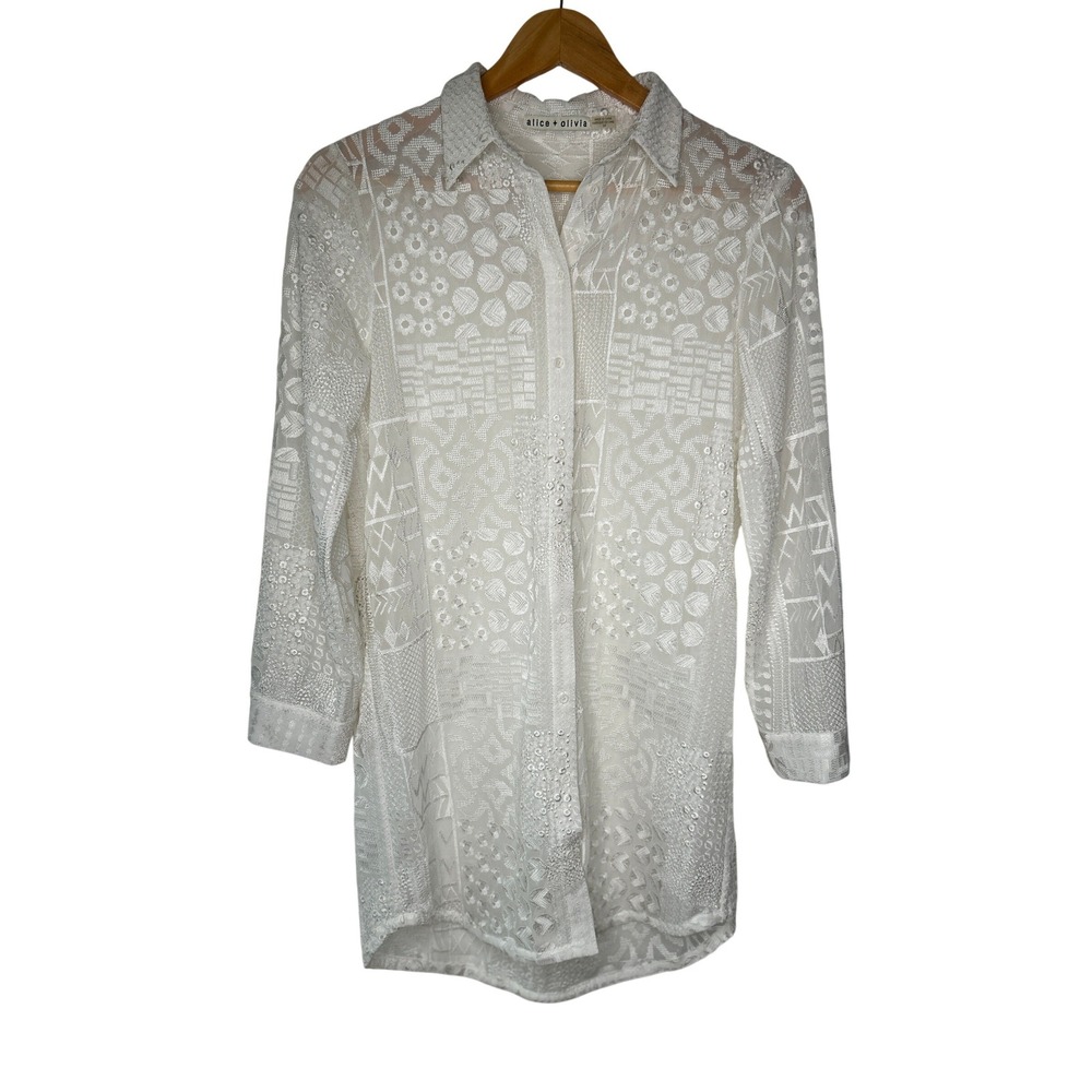Alice + Olivia Tanisha Embroidered Button Down Tunic Top S White Roll Tab Flawed
